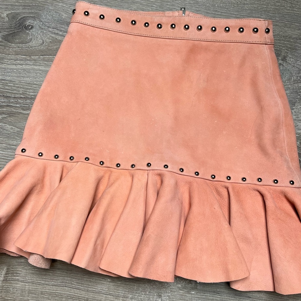Understated Leather Blush Pink Suede Studded Ruffle Mini Skirt Western Boho XS